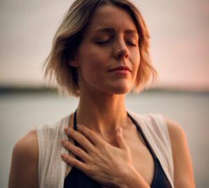 woman breathing with her hand on her chest